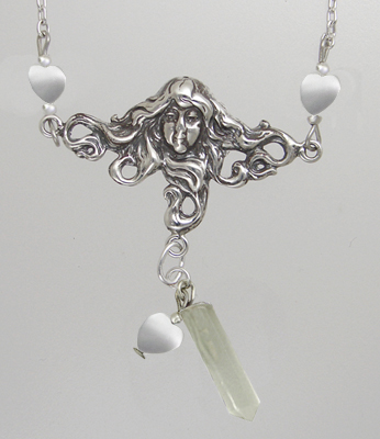 Sterling Silver Woman Maiden of the Gentle Heart Necklace With Clear Quartz And White MOP Heart